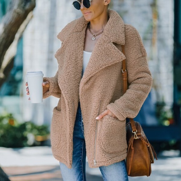 Cozy Brown Wide Collar Teddy Jacket Coat Oversized - Picture 12 of 16